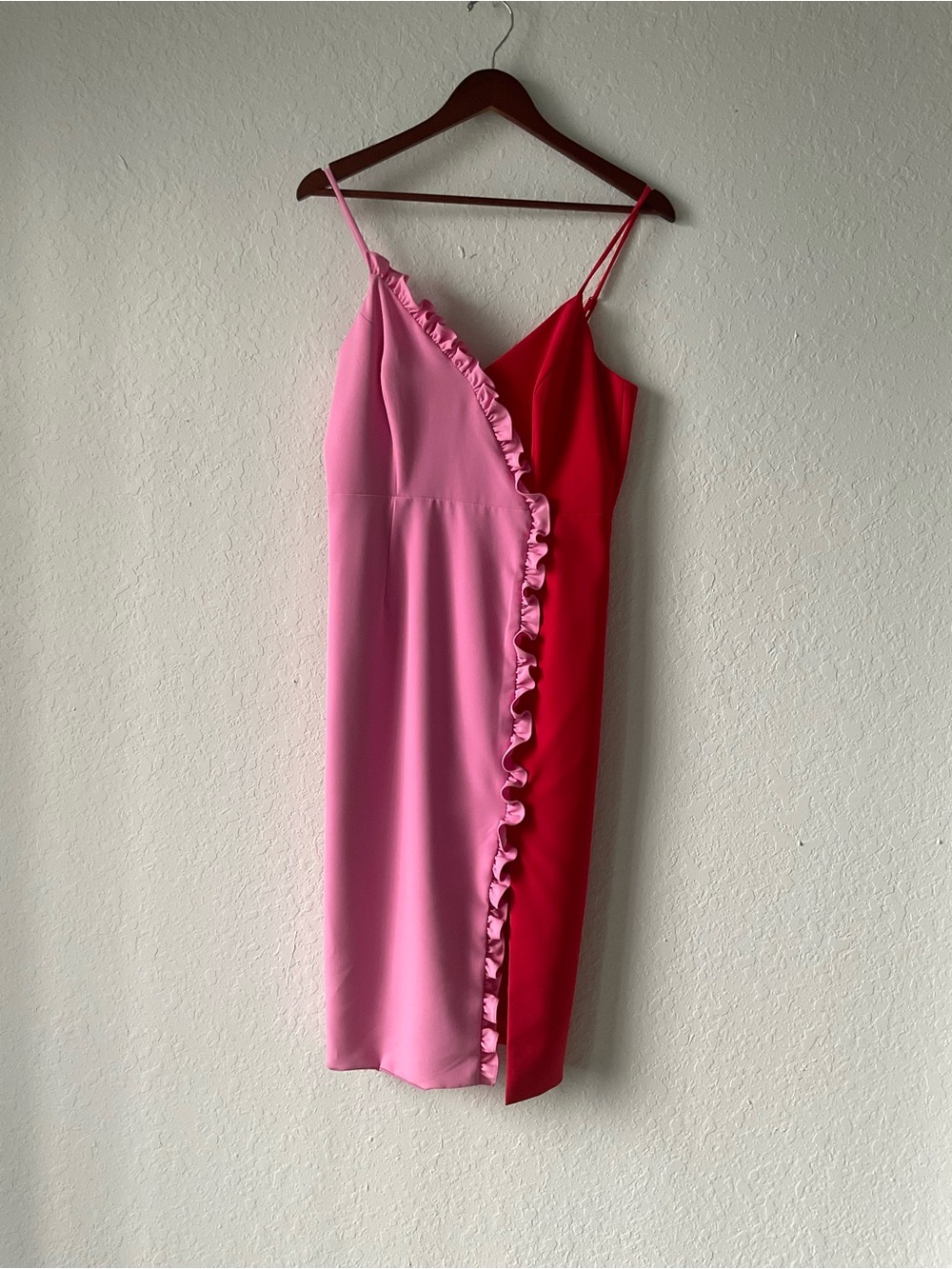 Colorblock Pink & Red Spaghetti Strap Ruffle Dress